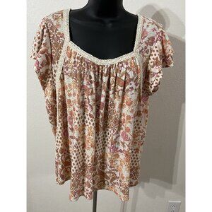 Cato Womens 18/20 Blouse/ Tunic Floral  Crochet Bust Outline Layered Sleeves